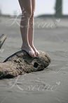 砂浜で流木に乗る女性の脚